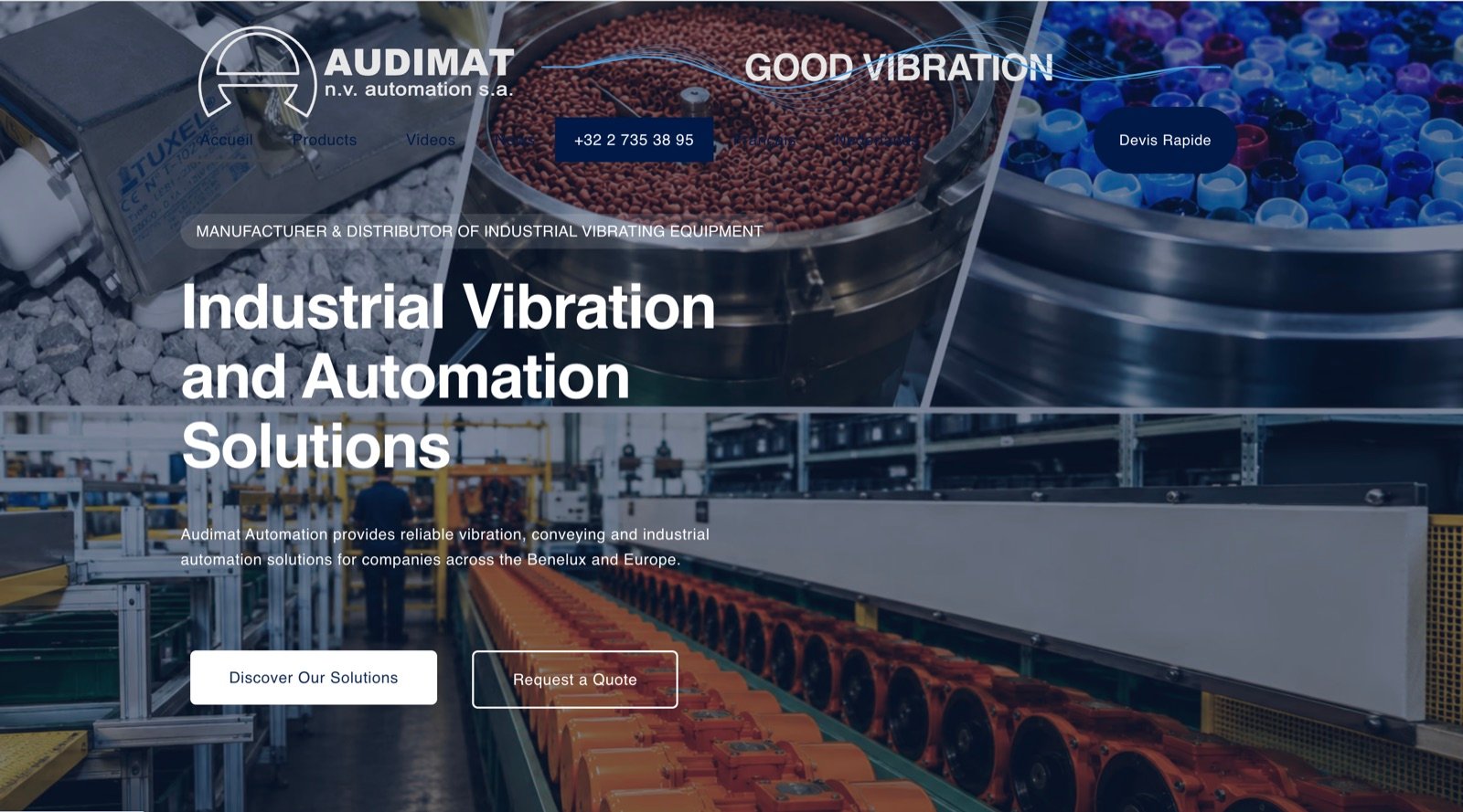 Page d'accueil du site Audimat Automation, fabricant d'équipements vibrants industriels.