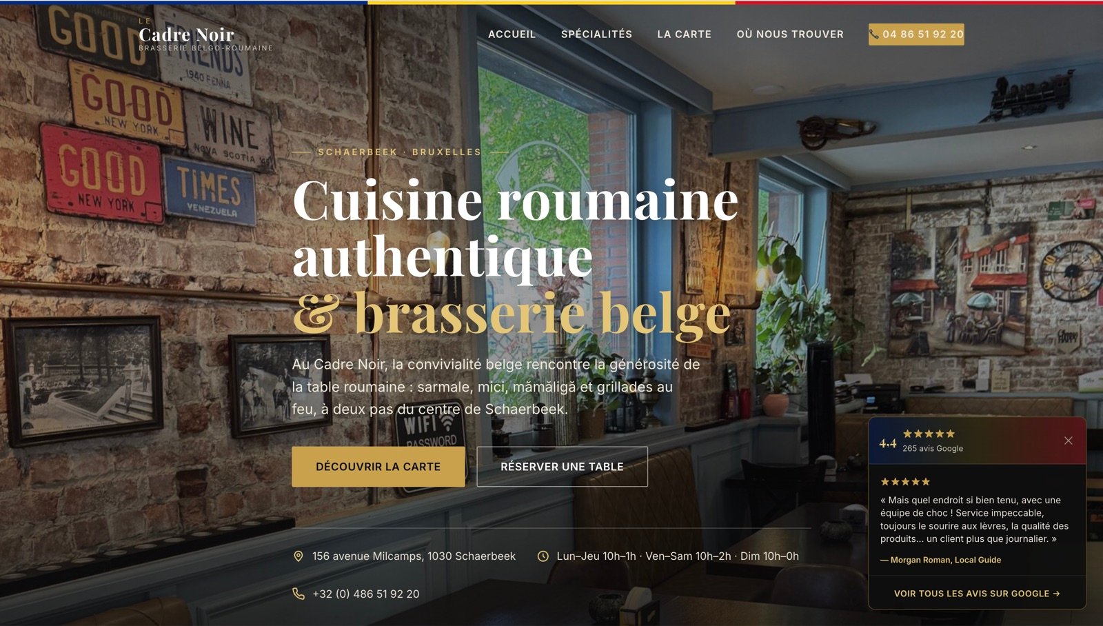 Page d'accueil du site Le Cadre Noir, brasserie belgo-roumaine à Schaerbeek.