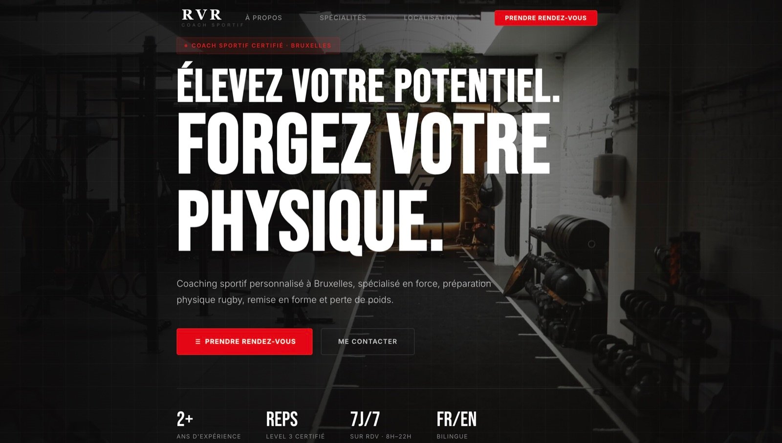 Page d'accueil du site RVR Training, coach sportif à Bruxelles.